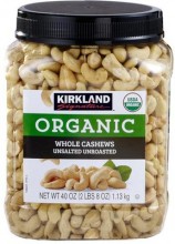 Kirkland Signature Organic Unsalted Whole Cashews 40 oz
