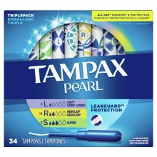 Tampax Pearl Tampons Trio Pack, Light/Regular/Super Absorbency Unscented, 34 Ct